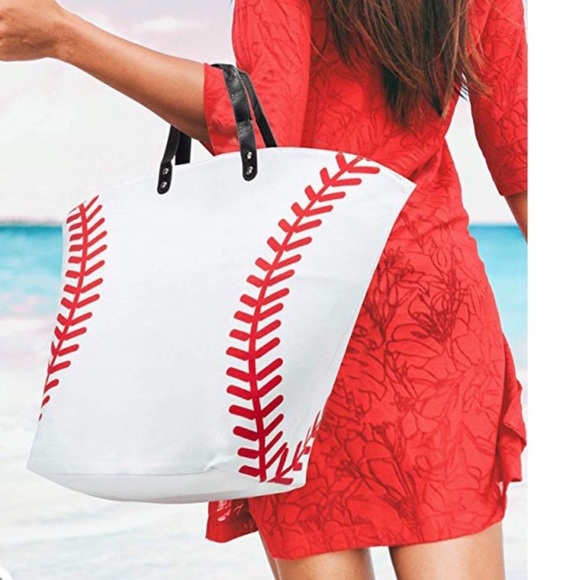Baseball Tote Large Oversize Canvas Bag W/Earings - Picture 1 of 5